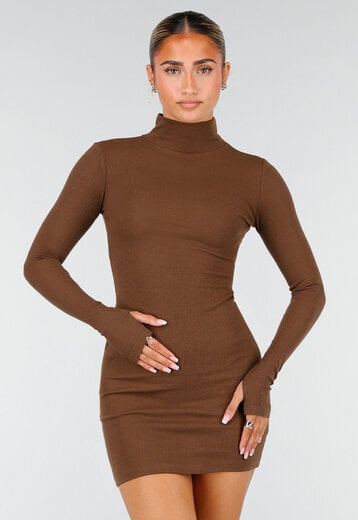 NEW260826 Bruine Rib Midi Jurk met Col
