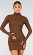 Bruine Rib Midi Jurk met Col en Lange Mouwen