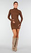 Bruine Rib Midi Jurk met Col en Lange Mouwen