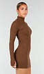Bruine Rib Midi Jurk met Col en Lange Mouwen