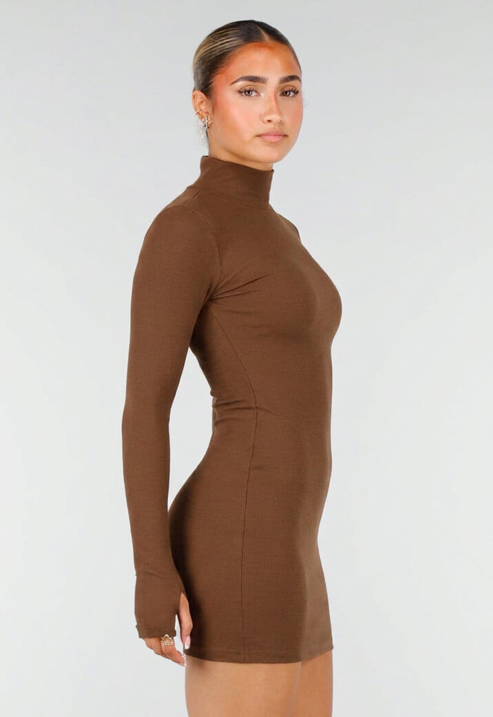 Bruine Rib Midi Jurk met Col en Lange Mouwen