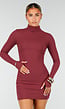 Bordeaux Rib Midi Jurk met Col en Lange Mouwen