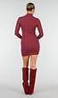 Bordeaux Rib Midi Jurk met Col en Lange Mouwen