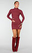 Bordeaux Rib Midi Jurk met Col en Lange Mouwen
