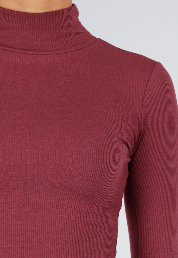 Bordeaux Rib Midi Jurk met Col en Lange Mouwen