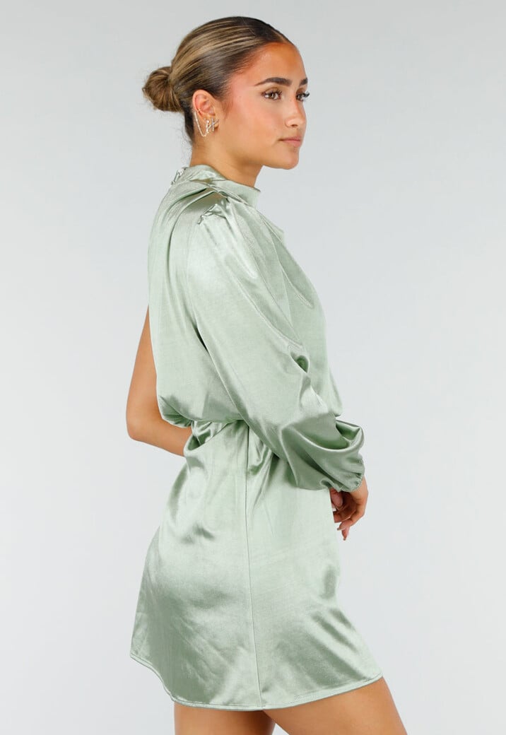 Groene Satijnen One Shoulder Mini Jurk met Lange Mouw en Stretch