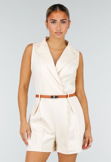 NEW260826 Beige Mouwloze Playsuit met Bruine Riem