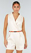 Beige Mouwloze Playsuit met V-Hals, Kraag en Bruine Riem