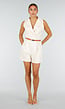 Beige Mouwloze Playsuit met V-Hals, Kraag en Bruine Riem