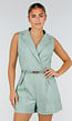 Groene Mouwloze Playsuit met Revers, Riem, Blinde Rits en Stretch