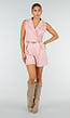 Roze Mouwloze Playsuit met Revers, Riem, Rits en Stretch