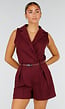 Bordeauxrode Mouwloze Playsuit met Revers, Riem, Blinde Rits en Stretch