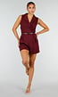 Bordeauxrode Mouwloze Playsuit met Revers, Riem, Blinde Rits en Stretch