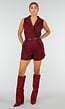 Bordeauxrode Mouwloze Playsuit met Revers, Riem, Blinde Rits en Stretch