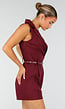 Bordeauxrode Mouwloze Playsuit met Revers, Riem, Blinde Rits en Stretch