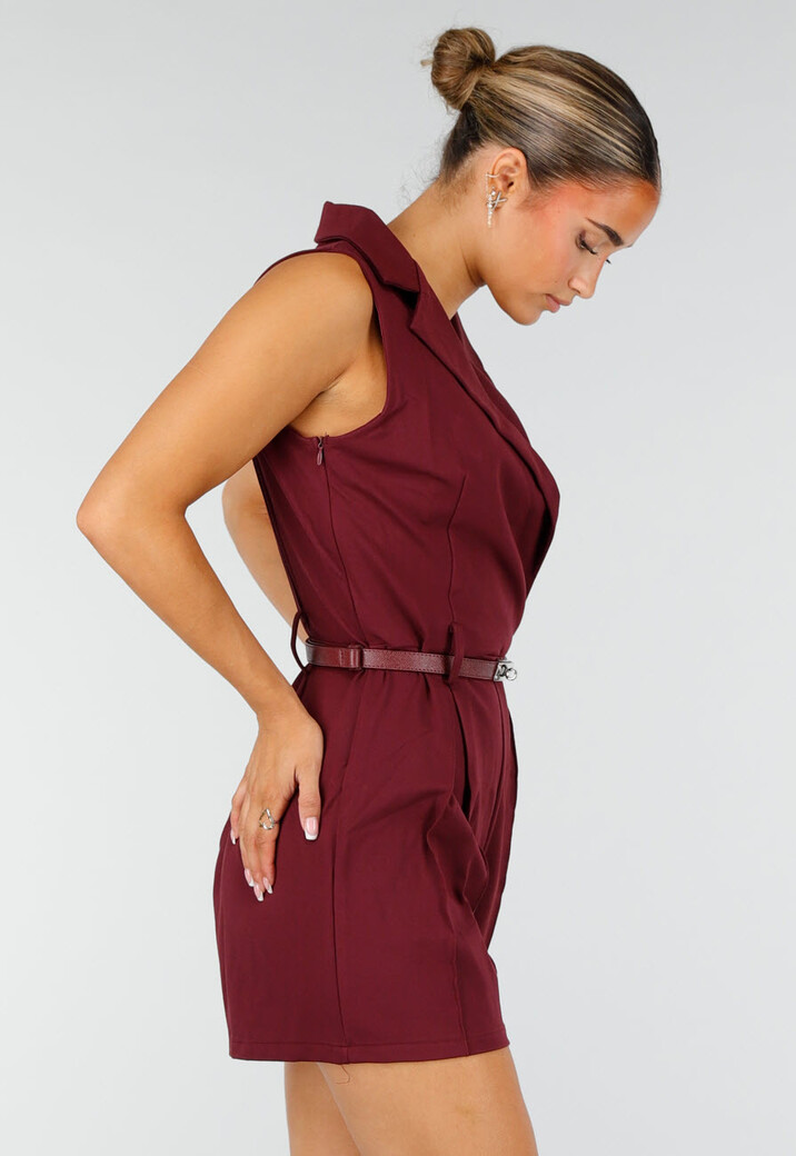 Bordeauxrode Mouwloze Playsuit met Revers, Riem, Blinde Rits en Stretch