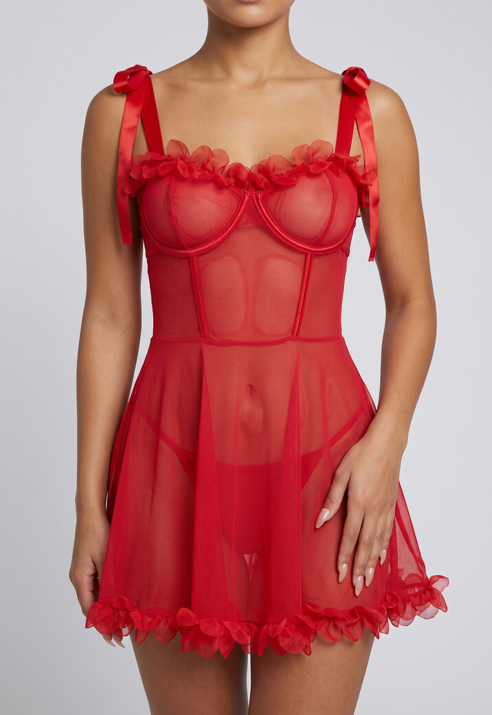 Rode Transparante Babydoll Lingerieset met Bloemenrand