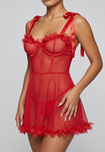 Rode Babydoll Set met Bloemenrand