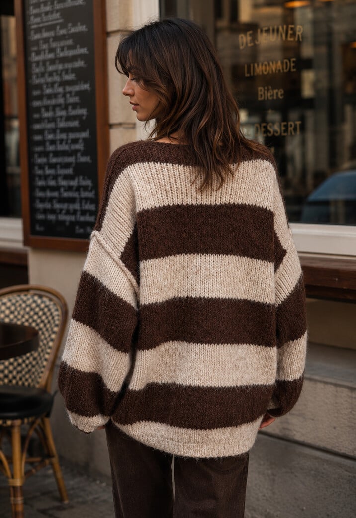 Bruin-Beige Gestreepte Gebreide Trui met Lange Mouwen