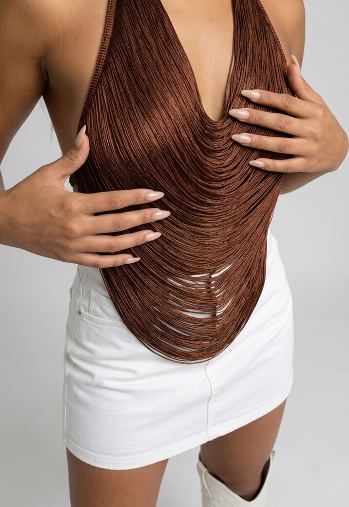 Bruine Halter Franjetop met Padded Ondertop
