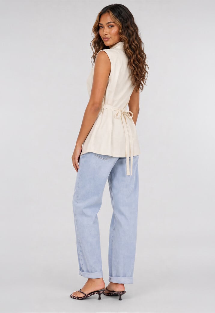 Lichtbeige Mouwloos Gilet met Revers en Tailleriem