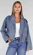 Blauw Kort Denim Jasje met Revers en Dubbele Knoopsluiting