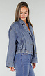 Blauw Kort Denim Jasje met Revers en Dubbele Knoopsluiting