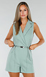 Groene Mouwloze Playsuit met Revers, Riem, Blinde Rits en Stretch