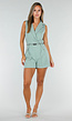Groene Mouwloze Playsuit met Revers, Riem, Blinde Rits en Stretch