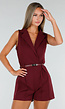 Bordeauxrode Mouwloze Playsuit met Revers, Riem, Blinde Rits en Stretch