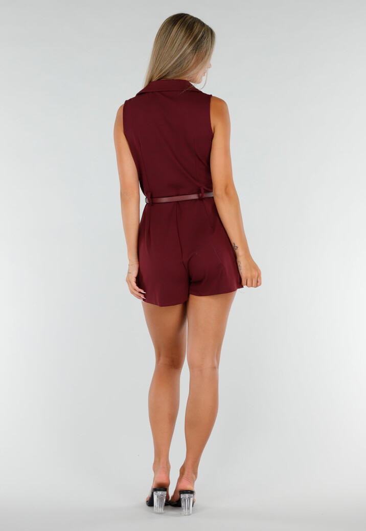 Bordeauxrode Mouwloze Playsuit met Revers, Riem, Blinde Rits en Stretch