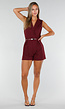 Bordeauxrode Mouwloze Playsuit met Revers, Riem, Blinde Rits en Stretch