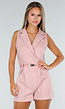 Roze Mouwloze Playsuit met Revers, Riem, Rits en Stretch