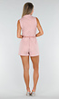 Roze Mouwloze Playsuit met Revers, Riem, Rits en Stretch