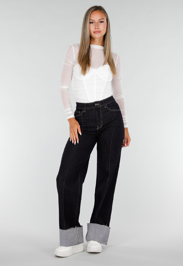 Donkerblauwe Denim Stretch Jeans met Straight Leg en Brede Omslag