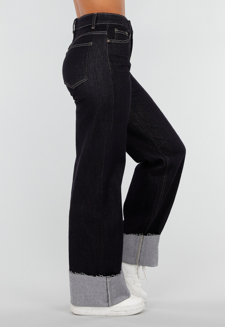 Donkerblauwe Denim Stretch Jeans met Straight Leg en Brede Omslag