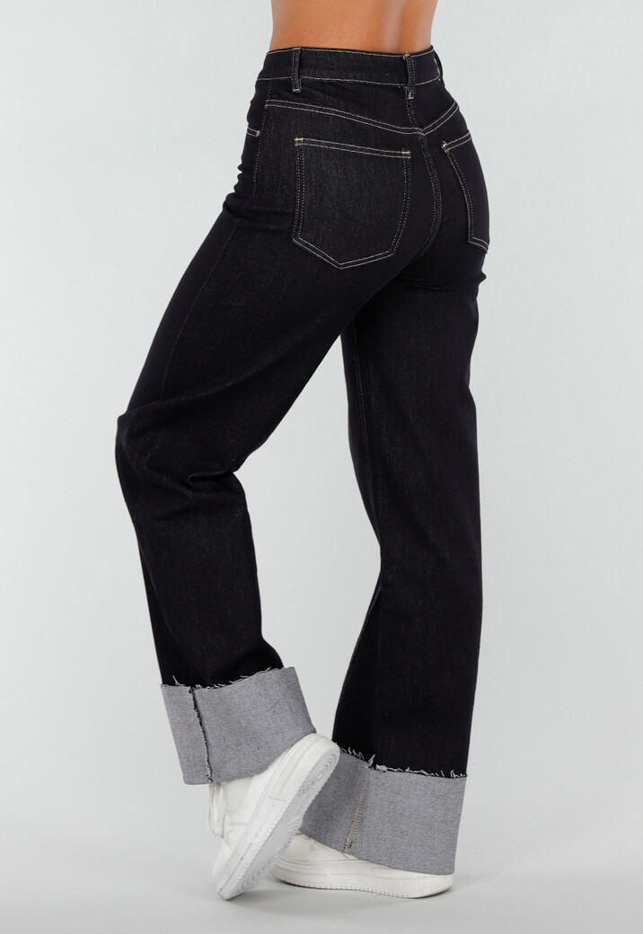 Donkerblauwe Denim Stretch Jeans met Straight Leg en Brede Omslag