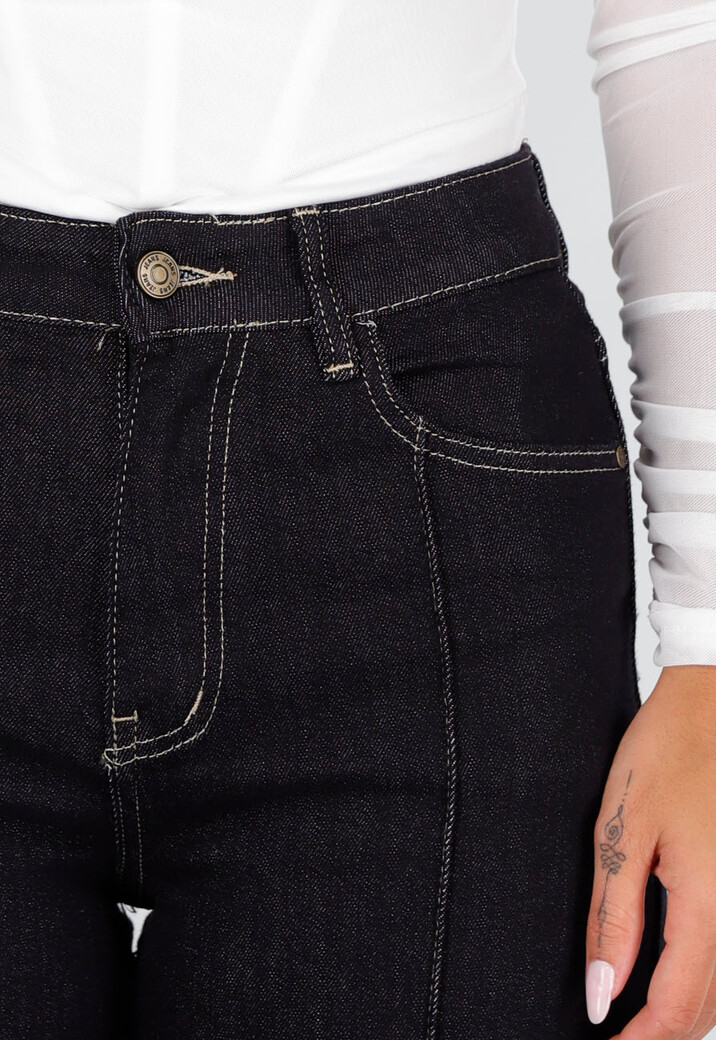 Donkerblauwe Denim Stretch Jeans met Straight Leg en Brede Omslag