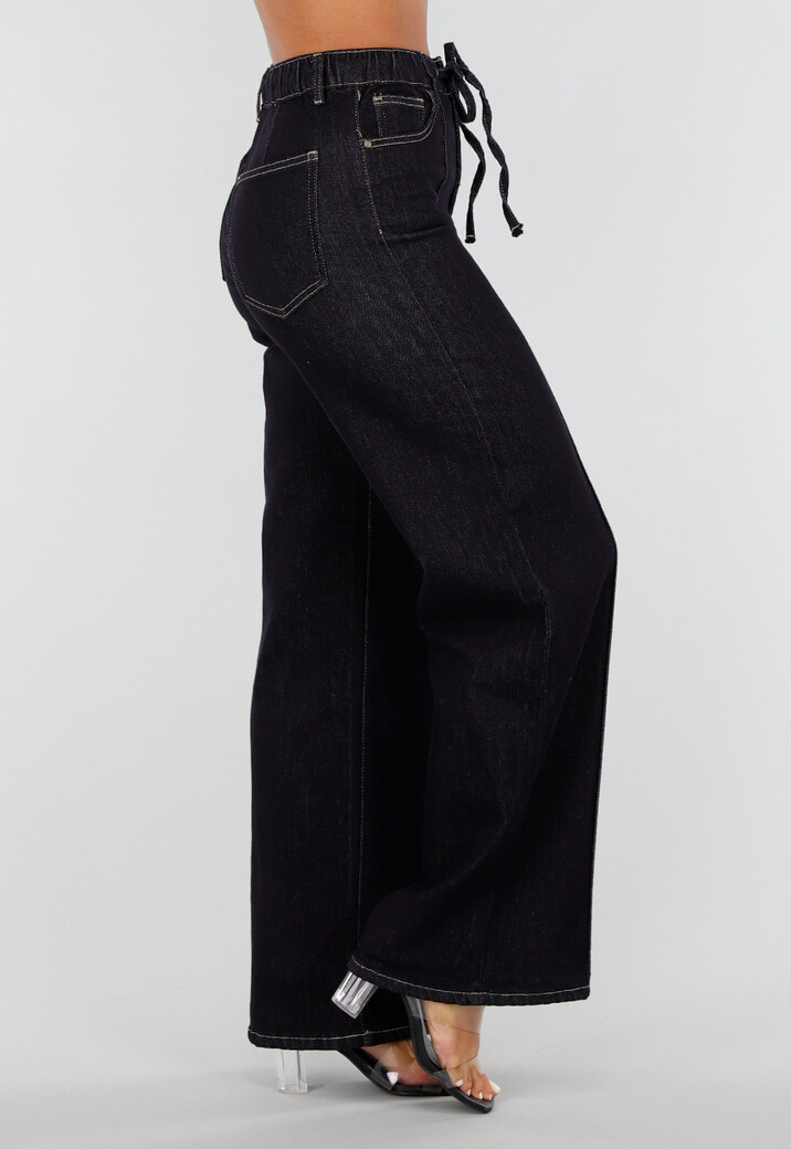 Donkerblauwe Denim Stretch Jeans met Straight Leg en Taillekoord