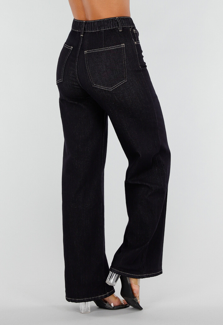 Donkerblauwe Denim Stretch Jeans met Straight Leg en Taillekoord