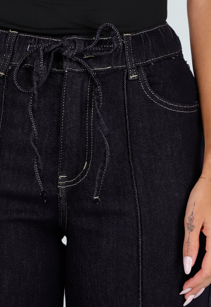 Donkerblauwe Denim Stretch Jeans met Straight Leg en Taillekoord