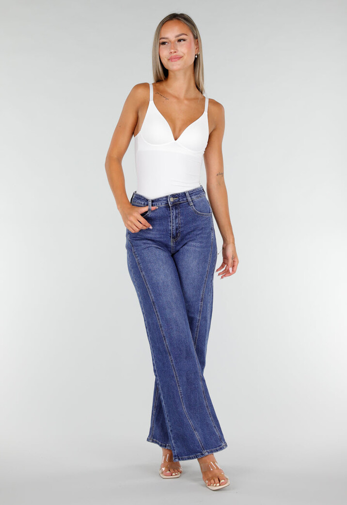 Blauwe High Waist Wide Leg Jeans met Sierstiksels en Zakken
