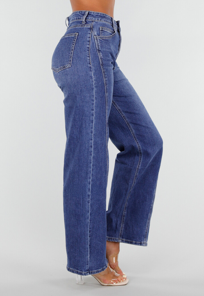 Blauwe High Waist Wide Leg Jeans met Sierstiksels en Zakken