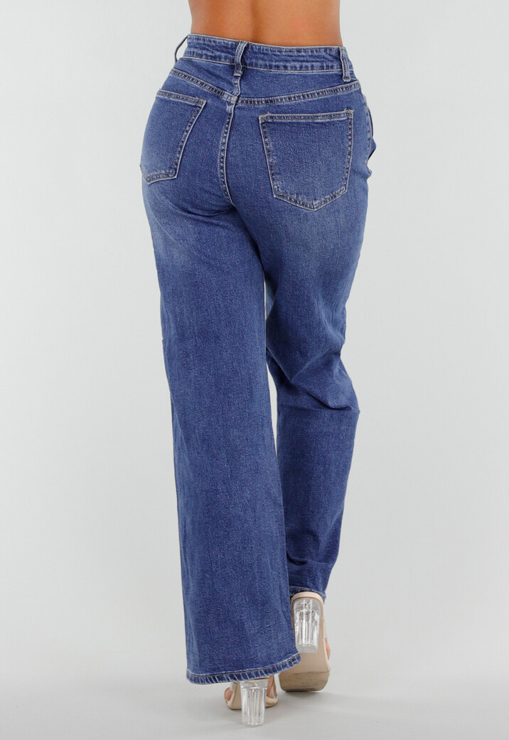 Blauwe High Waist Wide Leg Jeans met Sierstiksels en Zakken