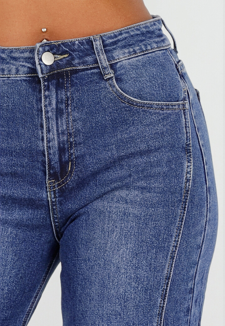 Blauwe High Waist Wide Leg Jeans met Sierstiksels en Zakken