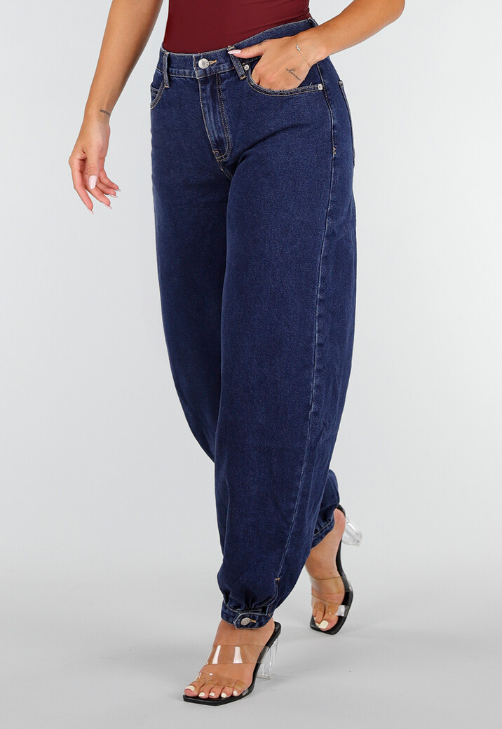 Donkerblauwe Denim Barrel Jeans met Wijde Pijpen en Elastische Enkelboorden