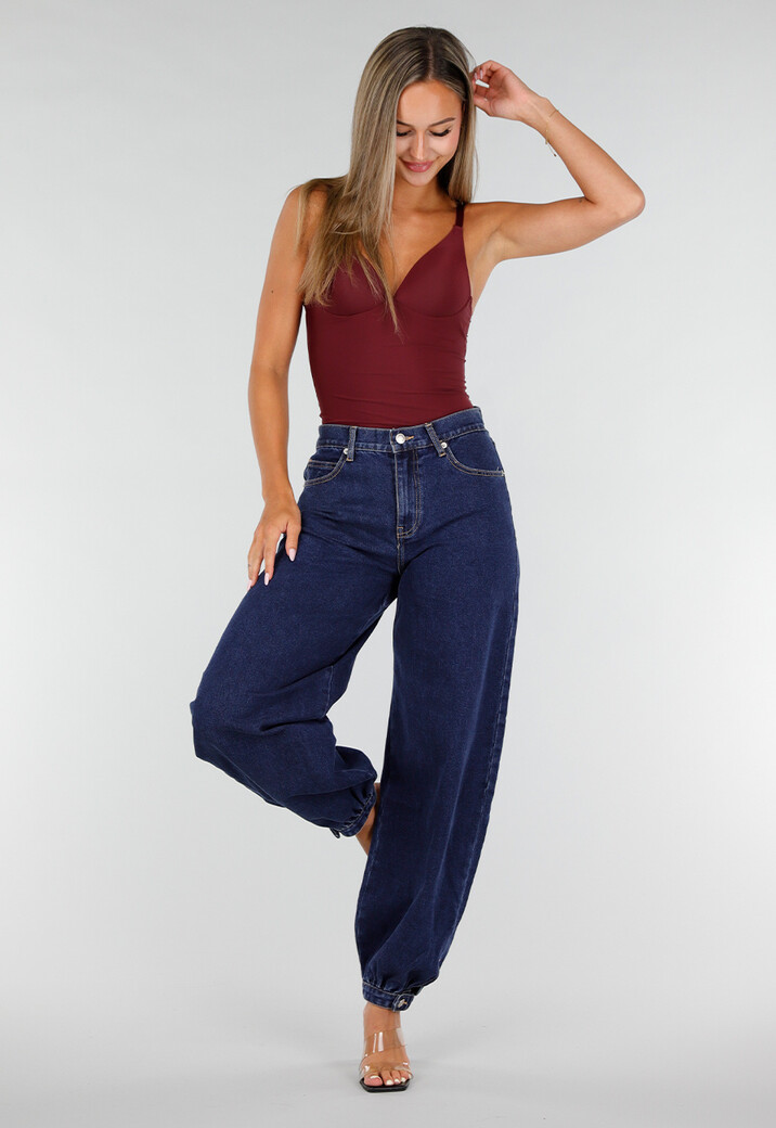 Donkerblauwe Denim Barrel Jeans met Wijde Pijpen en Elastische Enkelboorden