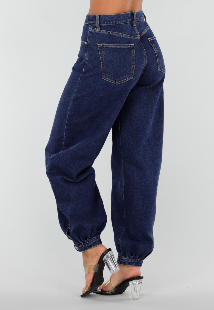 Donkerblauwe Denim Barrel Jeans met Wijde Pijpen en Elastische Enkelboorden