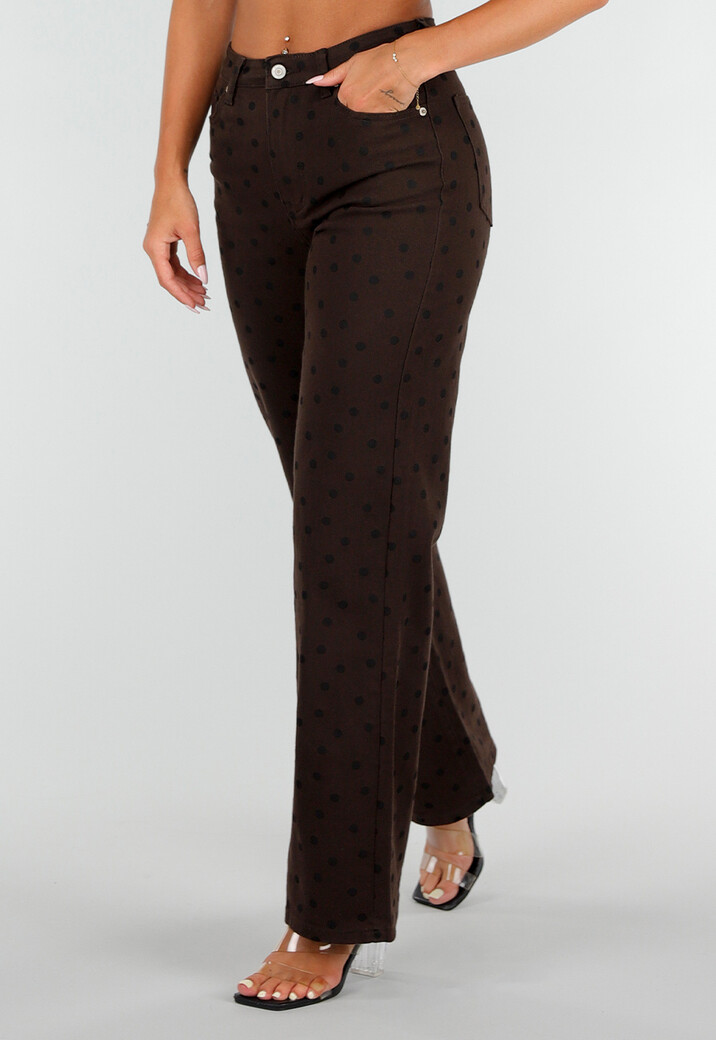 Donkerbruine Denim Straight Leg Jeans met Zwarte Stippen en Hoge Taille