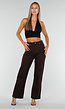 Donkerbruine Denim Straight Leg Jeans met Zwarte Stippen en Hoge Taille
